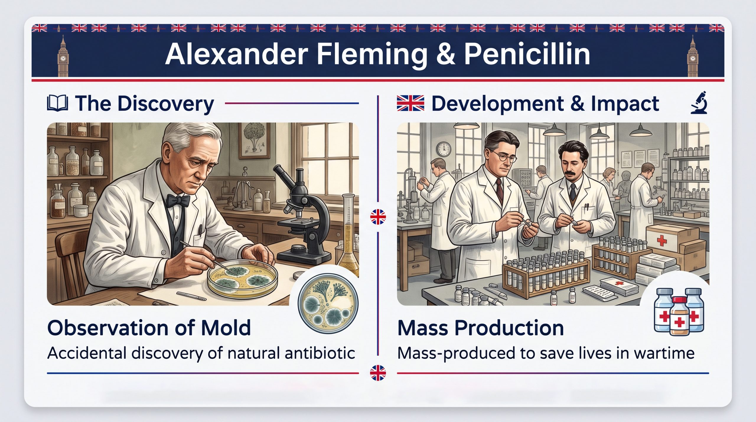 Alexander Fleming Penicillin Life in the UK Test 1928 Discovery, Oxford Synthesis & World War II Medical Deployment infographic